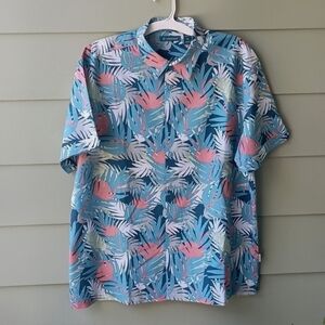 Cubavera Mens Button Front Shirt Blue Gray w Pink Flamingoes Short Sleeve Sz XL